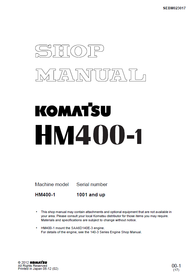 Komatsu HM400-1 Articulated Dump Truck Shop Manual SEBM023017 PDF