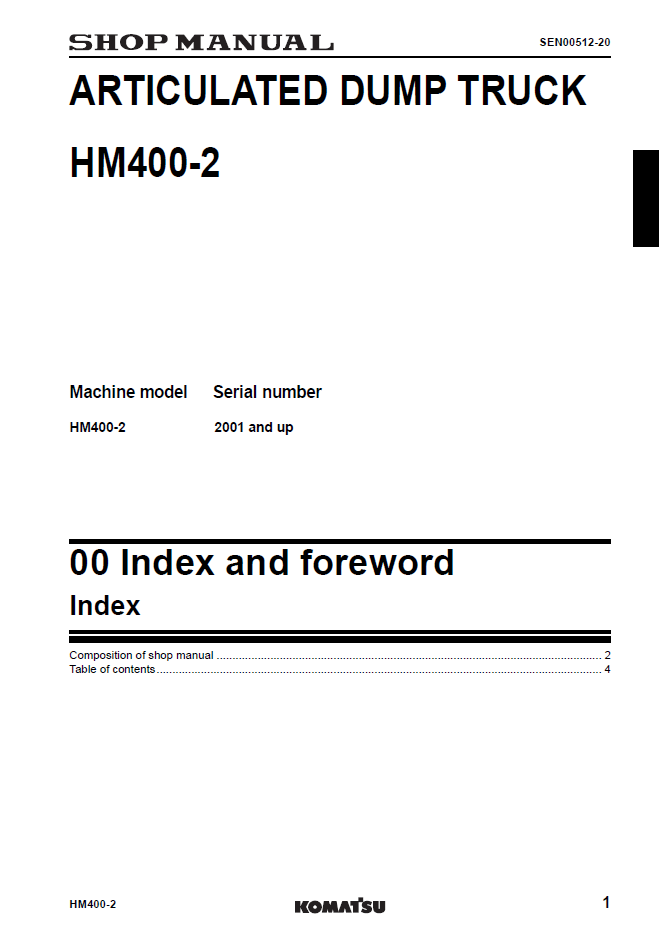 Komatsu HM400-2 Articulated Dump Truck Manual SEN00239-20