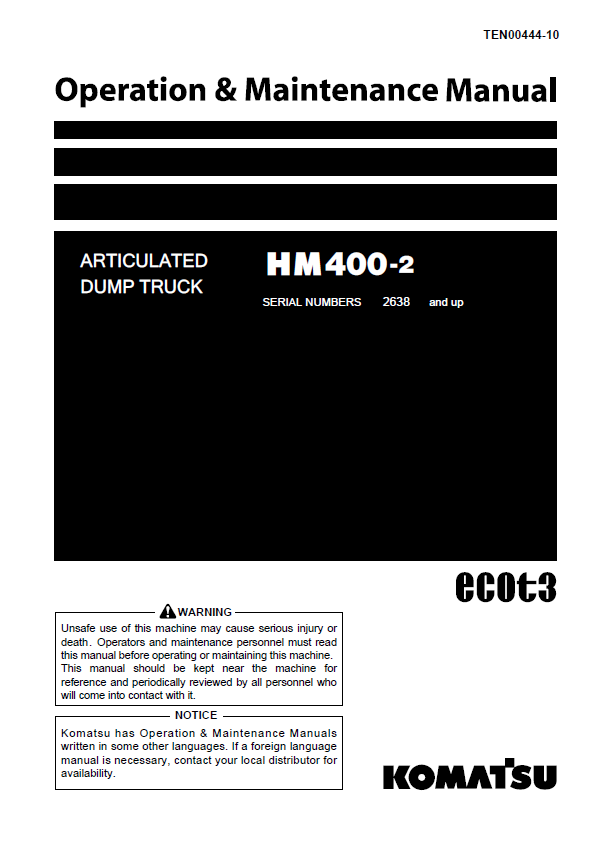 Komatsu HM400-2 Articulated Dump Truck Operation & Maintenance Manual PDF