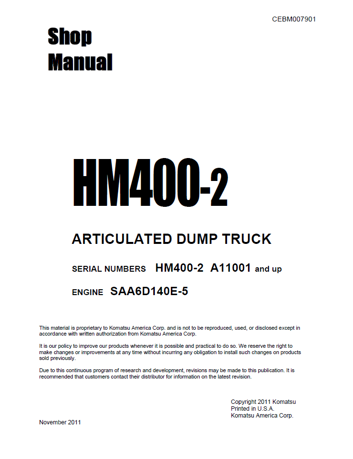 Komatsu HM400-2 Repair Manual CEBM007901 PDF