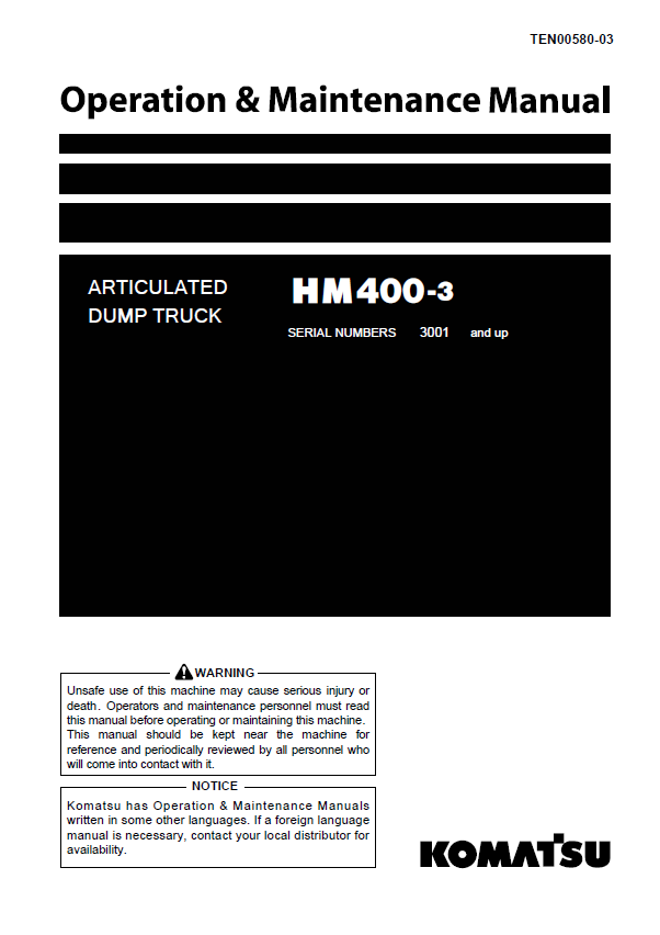 Komatsu HM400-3 Articulated Dump Truck Operation & Maintenance Manual (TEN00580-03)