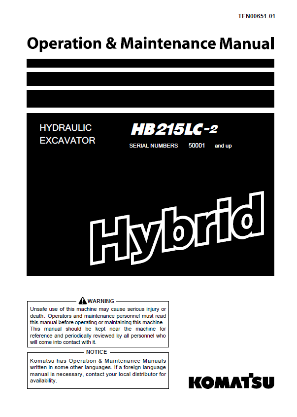 Komatsu Hybrid HB215LC-2 Excavator Operation & Maintenance Manual PDF