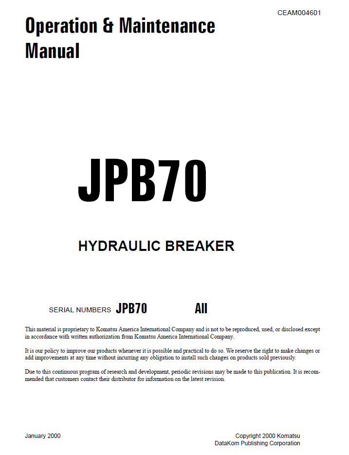 Komatsu JPB70 Hydraulic Breaker Manual CEAD004601 PDF