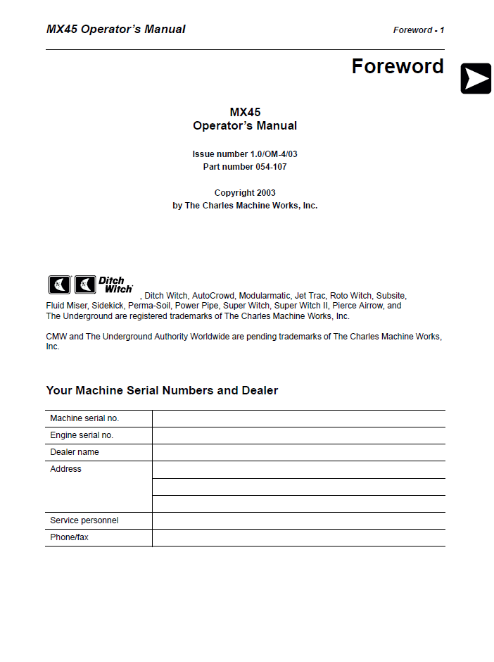Komatsu MX45 Ditch Witch Machine Operator Manual 054-107-10