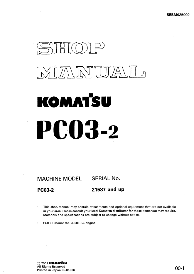 Komatsu PC03-2 Hydraulic Excavator Shop Manual (SEBD025000) - PDF Download