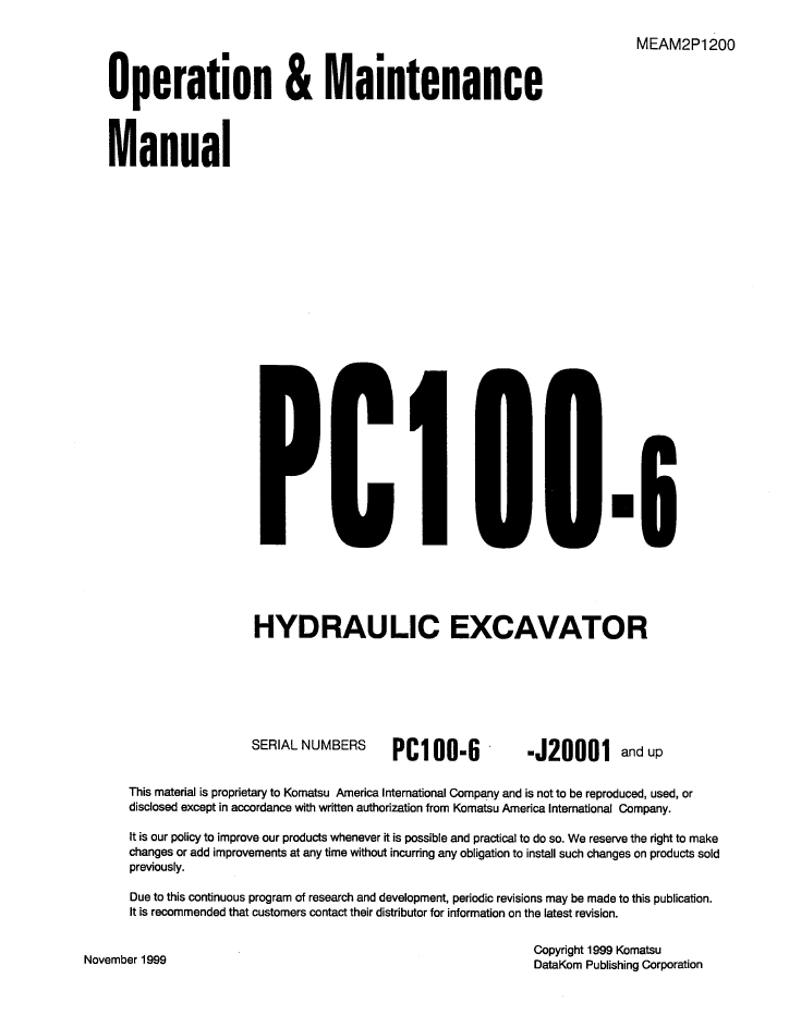 Komatsu PC100-6 Hydraulic Excavator Operation & Maintenance Manual MEAD2P1200 PDF