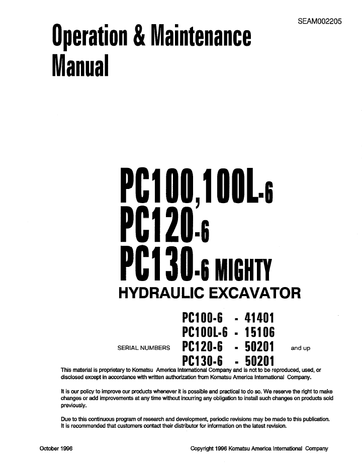 Komatsu PC100-6 PC100L-6 PC120-6 PC130-6 Excavator Operation & Maintenance Manual SEAD002205
