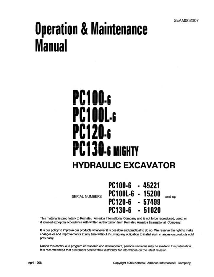 Komatsu PC100-6 PC100L-6 PC120-6 PC130-6 Excavator Operation & Maintenance Manual SEAD002207