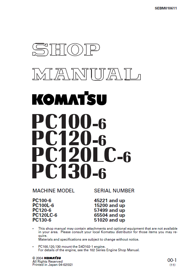 Komatsu PC100-6 PC120-6 PC120LC-6 PC130-6 Shop Manual SEBM010611 PDF