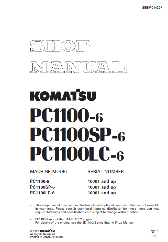 Komatsu PC1100-6 PC1100SP-6 PC1100LC-6 Shop Manual SEBM014207 PDF