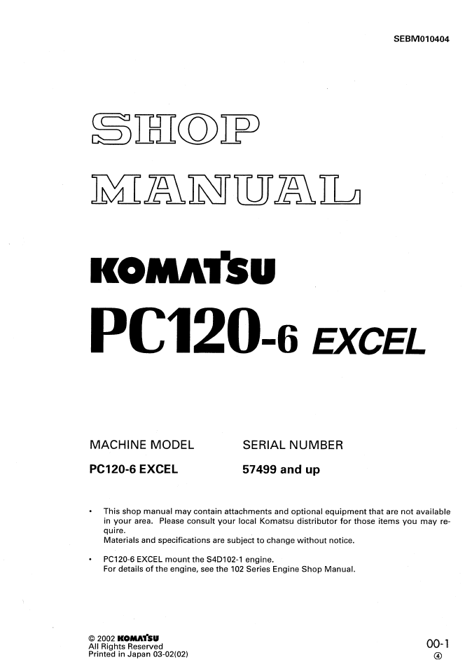 Komatsu PC120-6 Excel Shop Manual SEBM010404 PDF