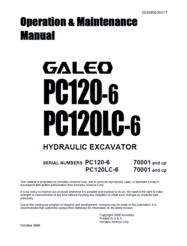 Komatsu PC120-6 PC120LC-6 Manual SEAM063601TD PDF