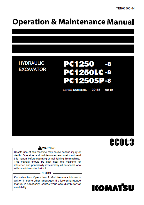 Komatsu PC1250-8, PC1250LC-8, PC1250SP-8 Excavator Operation & Maintenance Manual PDF