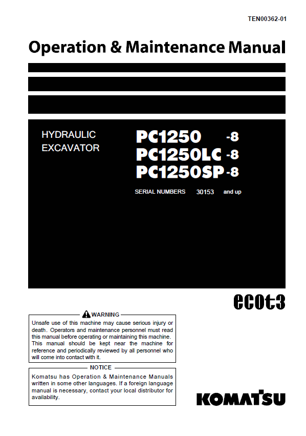 Komatsu PC1250-8, PC1250LC-8, PC1250SP-8 Operation & Maintenance Manual PDF