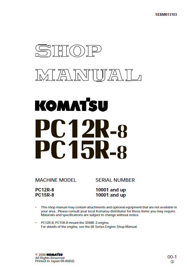 Komatsu PC12R-8, PC15R-8 Mini Excavator Shop Manual (SEBD013103) - PDF Download