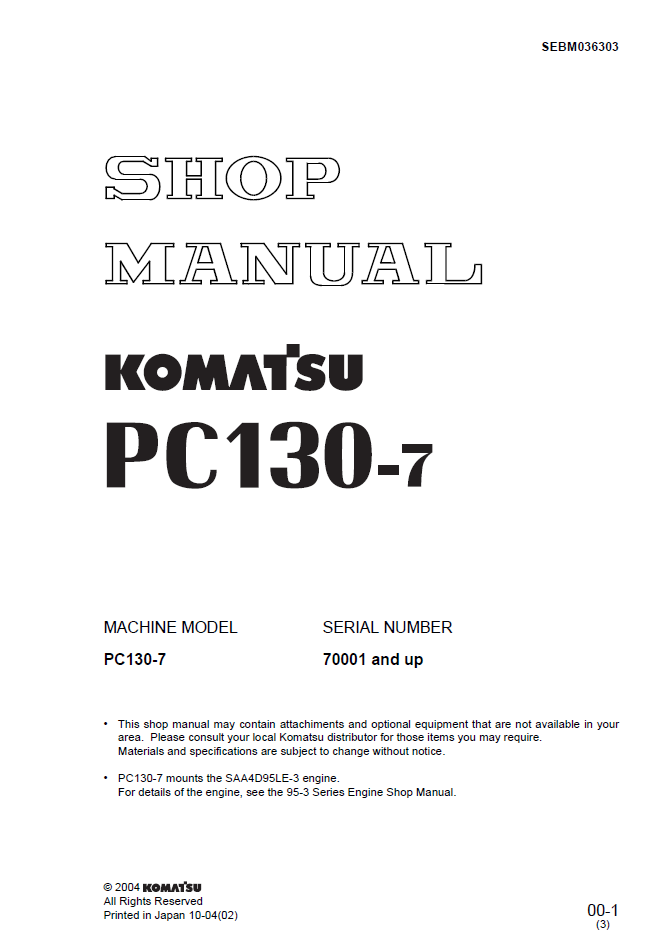Komatsu PC130-7 Engine Shop Manual SEBM036303 PDF