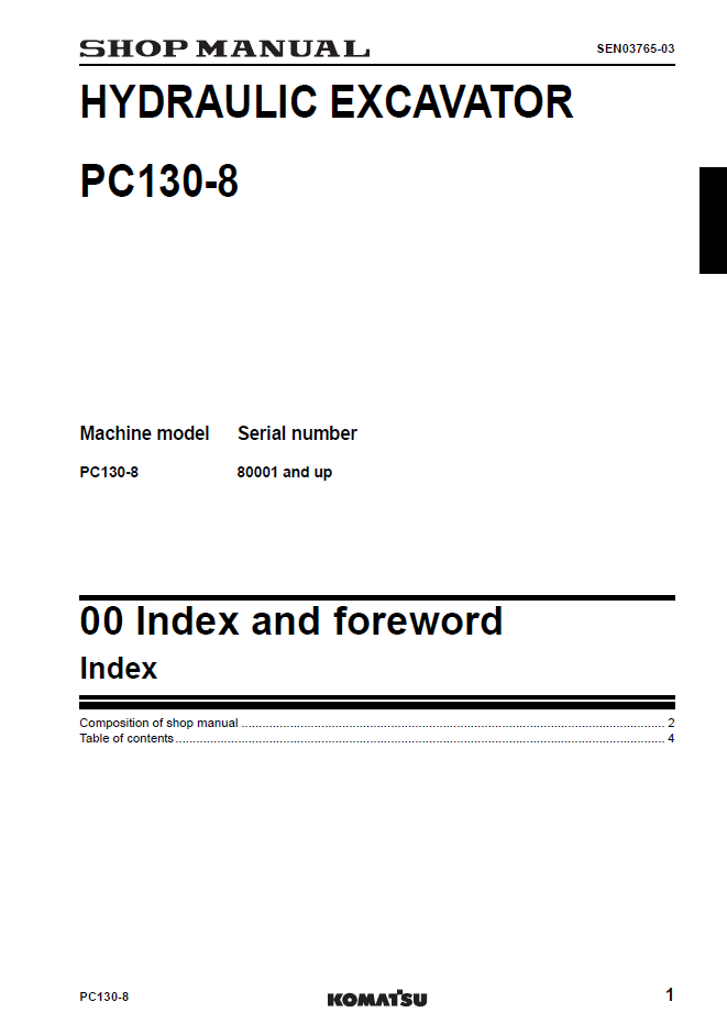 Komatsu PC130-8 Hydraulic Excavator Manual SEN03763-00TH