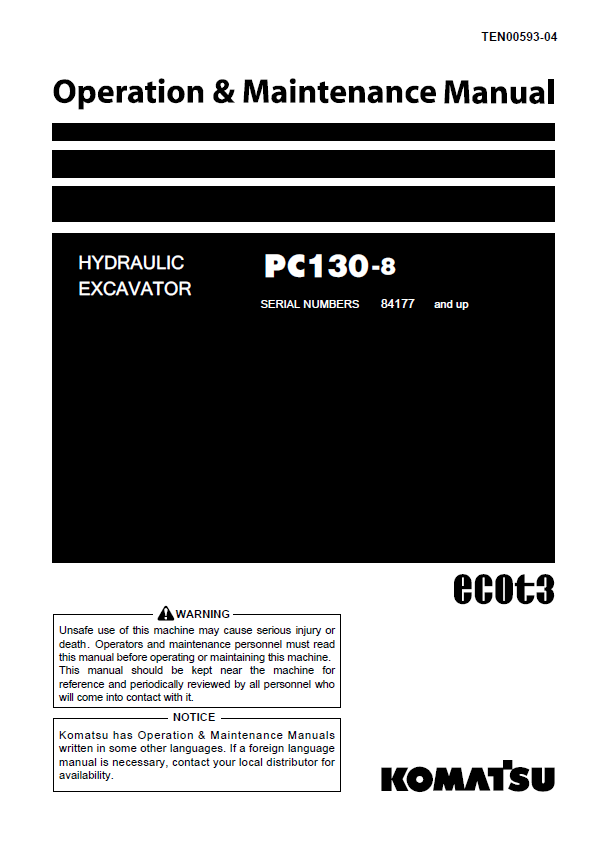 Komatsu PC130-8 Hydraulic Excavator Operation & Maintenance Manual PDF
