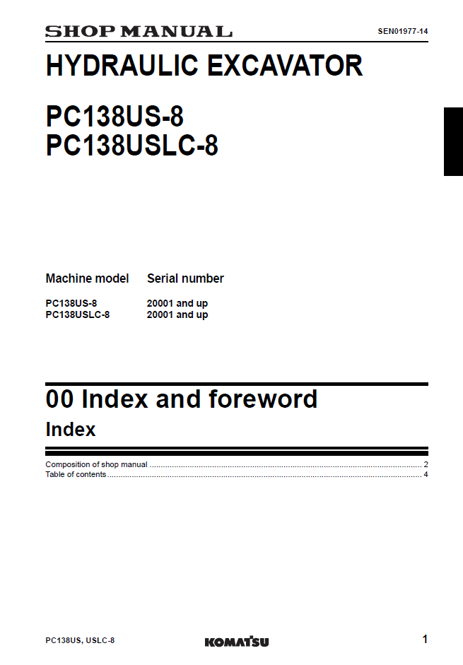 Komatsu PC138US-8 PC138USLC-8 Service Manual SEN01968-14 PDF