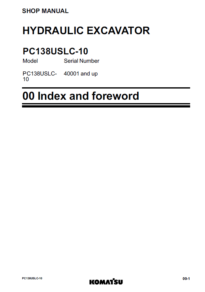Komatsu PC138USLC-10 Hydraulic Excavator Service Manual SEN06062-04