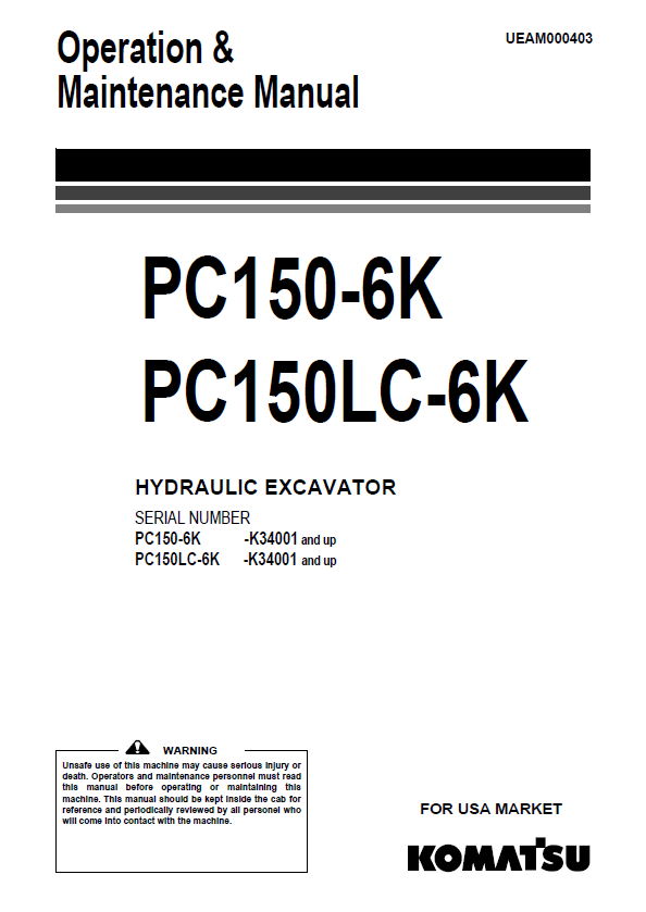 Komatsu PC150-6K, PC150LC-6K Hydraulic Excavator Operation & Maintenance Manual PDF 