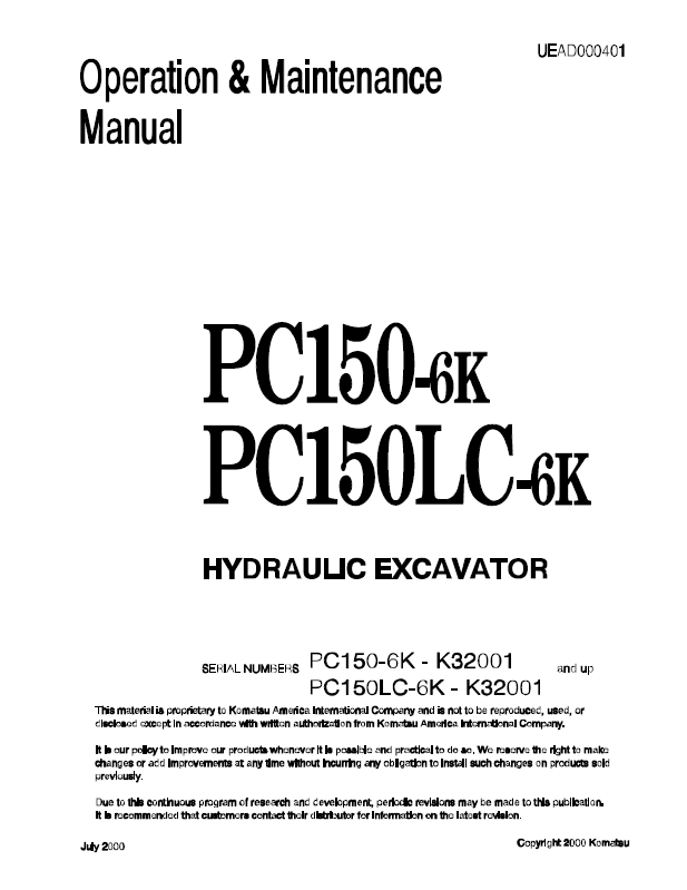 Komatsu PC150-6K PC150LC-6K Operation & Maintenance Manual PDF