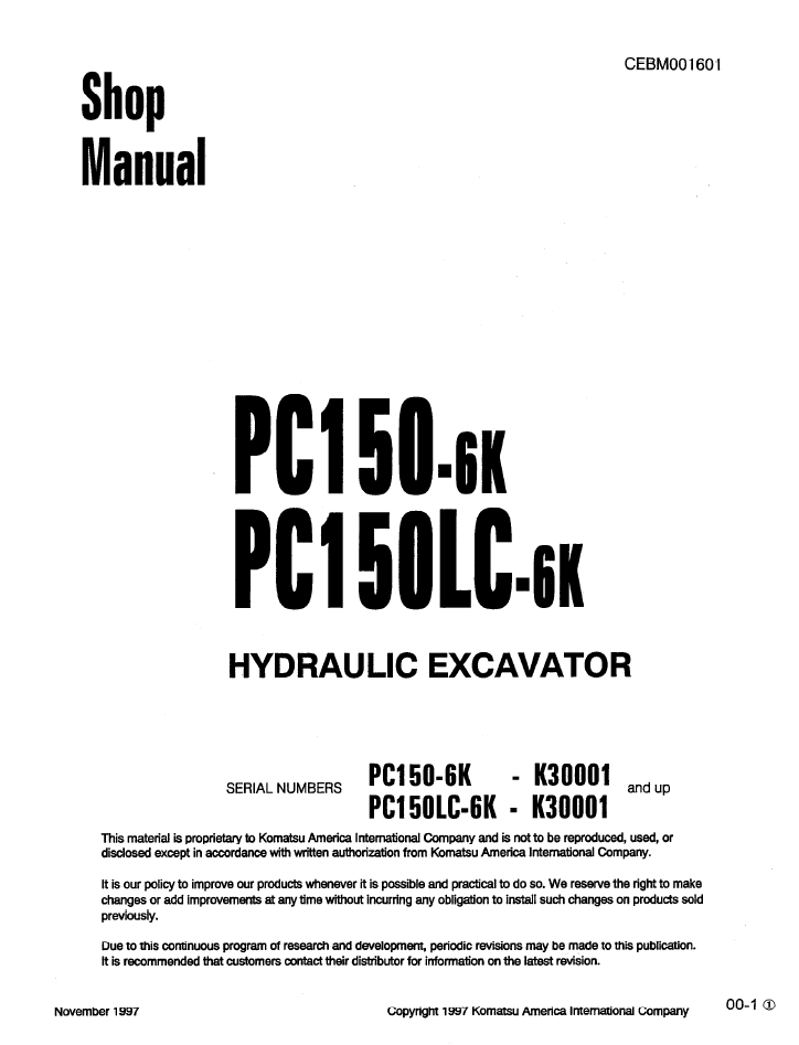 Komatsu PC150-6X PC150LC-6X Hydraulic Excavator Shop Manual CEBD001601 PDF