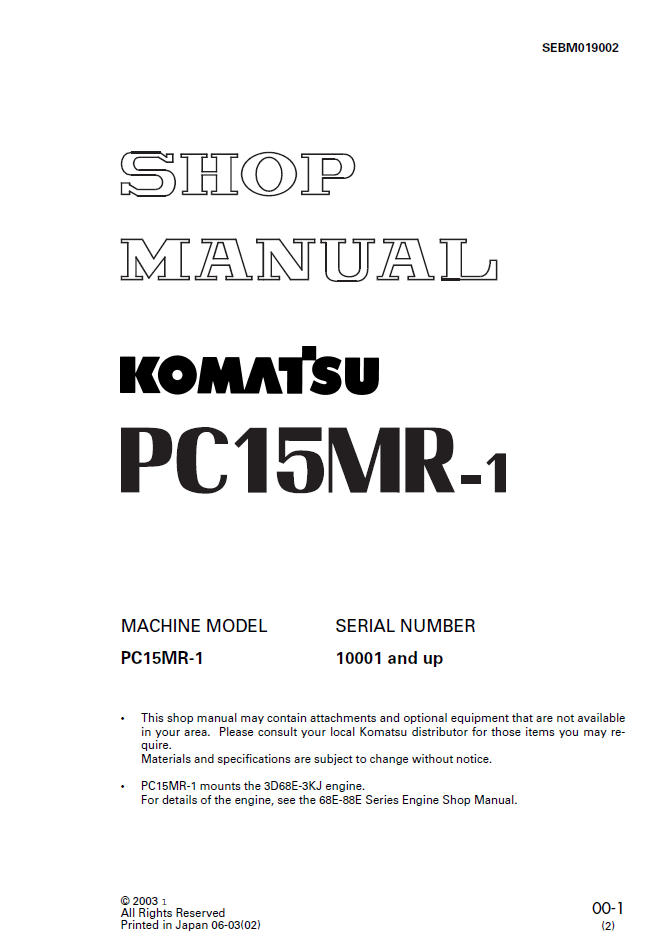 Komatsu PC15MR-1 Engine Shop Manual SEBM019002 PDF