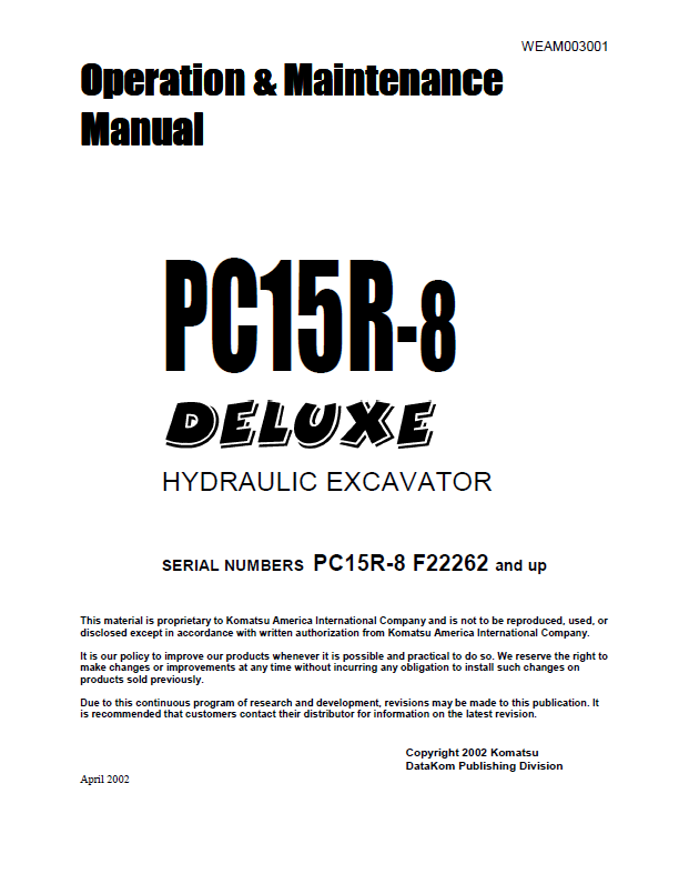 Komatsu PC15R-8 Deluxe Hydraulic Excavator Operation & Maintenance Manual PDF 