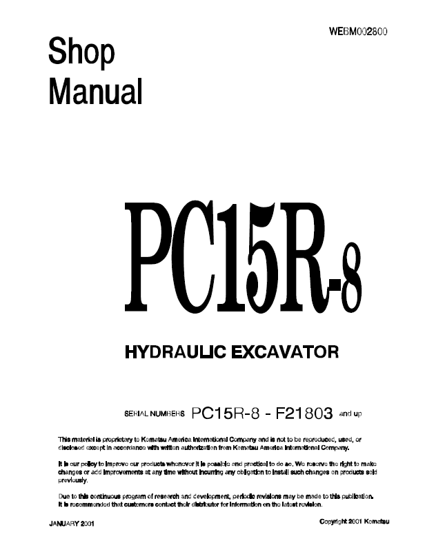 Komatsu PC15R-8 Hydraulic Excavator Shop Repair Manual PDF