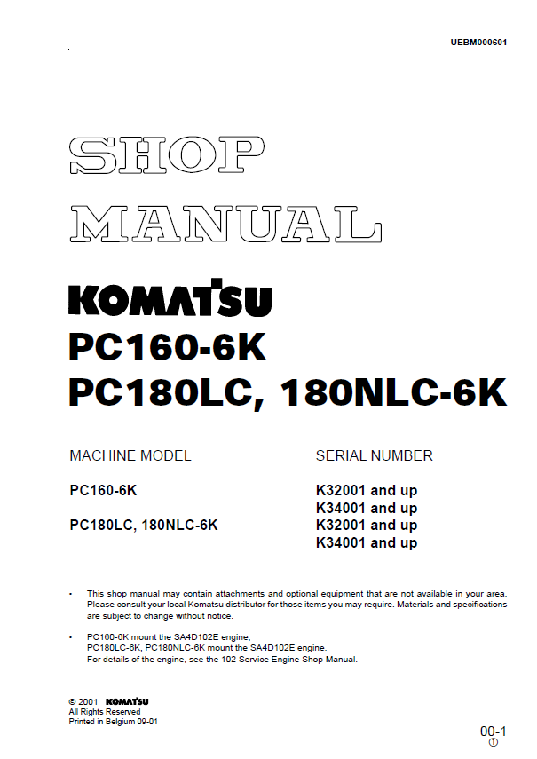 Komatsu PC160-6K, PC180LC-6K, 180NLC-6K Hydraulic Excavator Shop Manual (PDF)