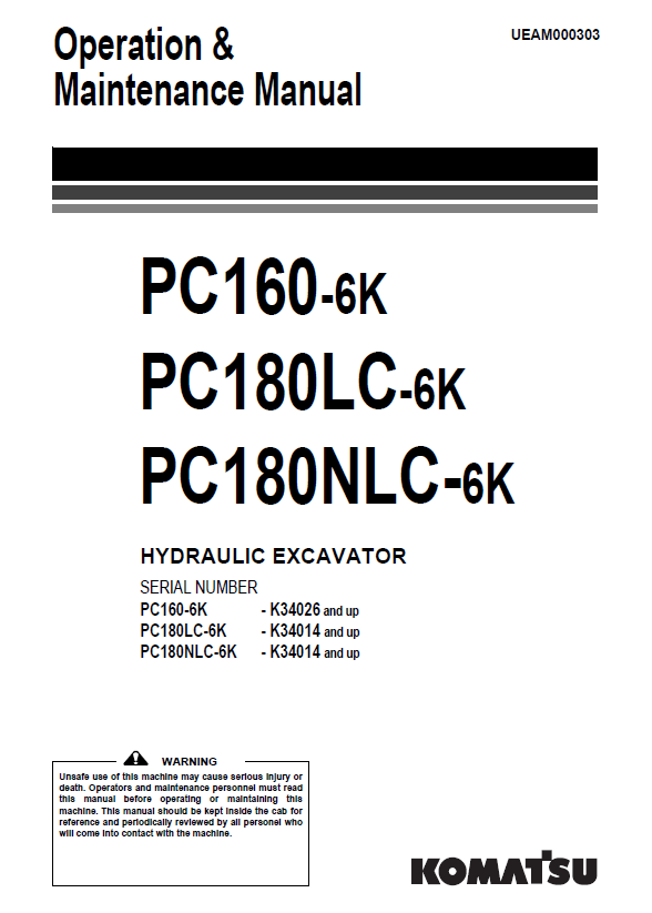 Komatsu PC160-6K, PC180LC-6K & PC180NLC-6K Manual PDF