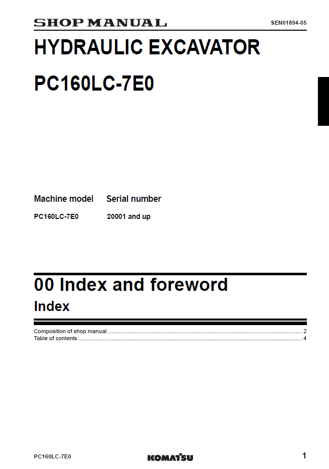 Komatsu PC160LC-7E0 Excavator Service Manual SEN01892-05