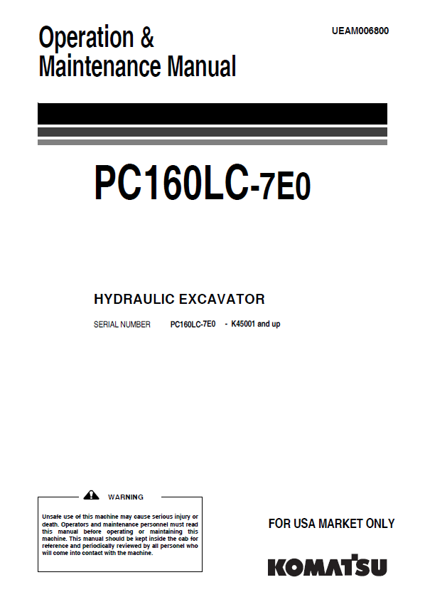 Komatsu PC160LC-7E0 Hydraulic Excavator Operation & Maintenance Manual (PDF)