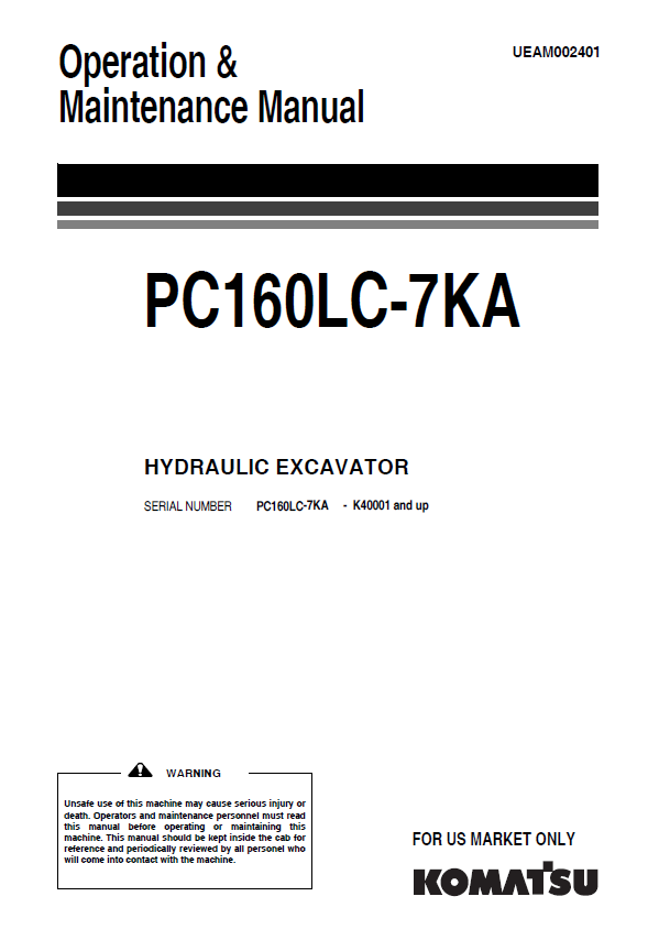 Komatsu PC160LC-7KA Hydraulic Excavator Operation & Maintenance Manual (PDF Download)