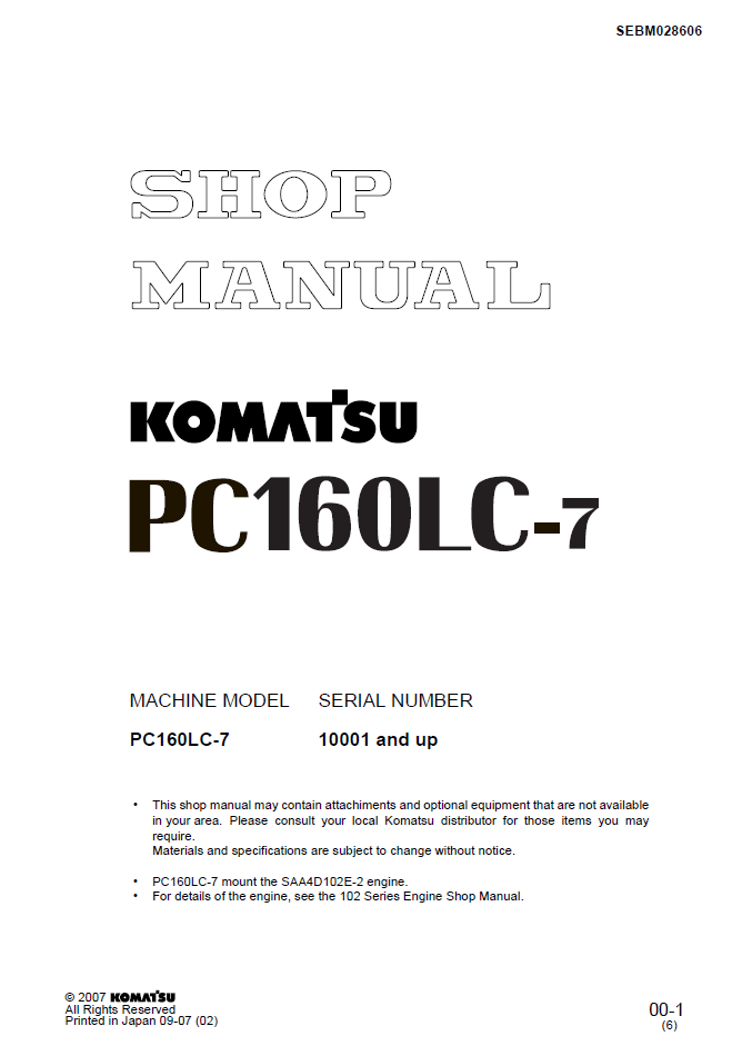 Komatsu PC160LC-7 Engine Manual SEBM028606 PDF