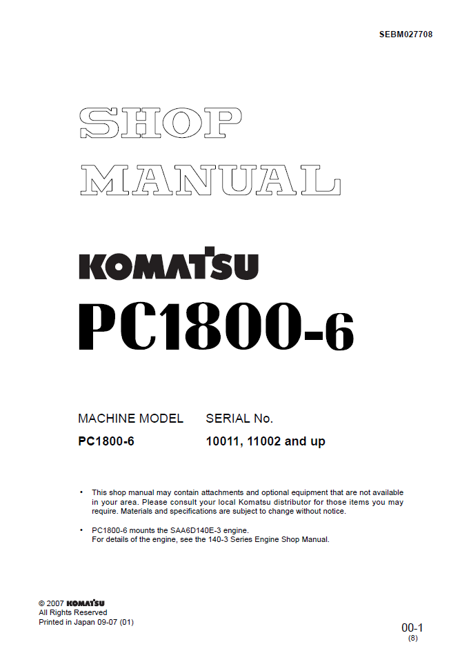 Komatsu PC1800-6 Engine Manual SEBM027708 PDF