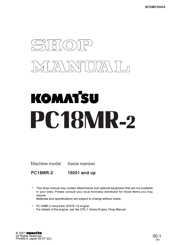 Komatsu PC18MR-2 Engine Shop Manual SEBM038404 PDF