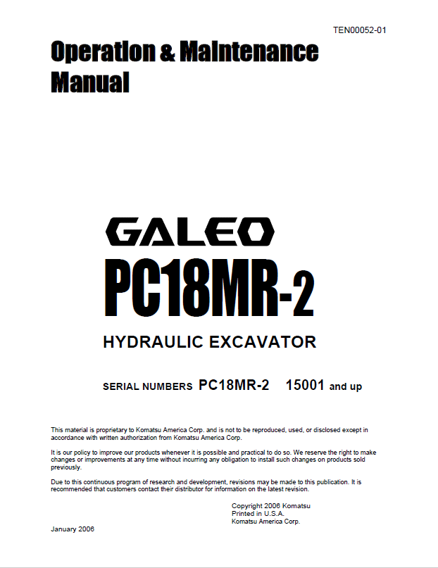 Komatsu PC18MR-2 Hydraulic Excavator Operation & Maintenance Manual PDF