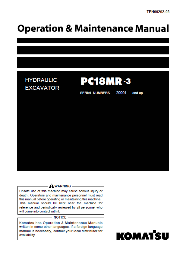 Komatsu PC18MR-3 Excavator Operation & Maintenance Manual PDF