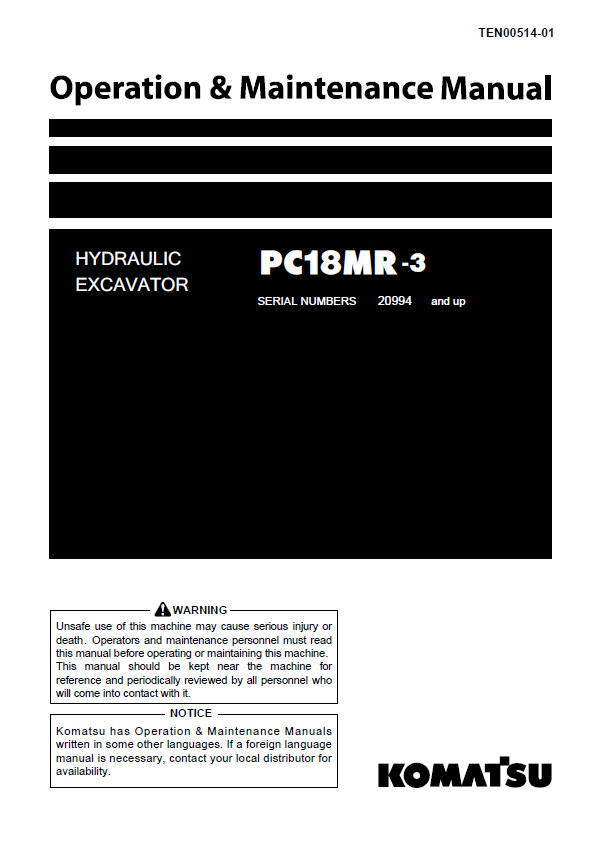 Komatsu PC18MR-3 Hydraulic Excavator Operation & Maintenance Manual PDF