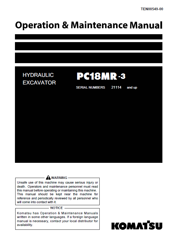 Komatsu PC18MR-3 Hydraulic Excavator Operation & Maintenance Manual PDF