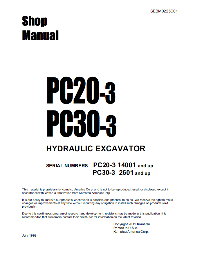 Komatsu PC20-3 PC30-3 Hydraulic Excavator Shop Manual SEBM0225C01