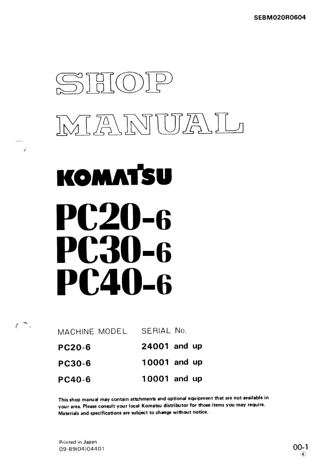 Komatsu PC20-6 PC30-6 PC40-6 Shop Manual SEBM020R0604