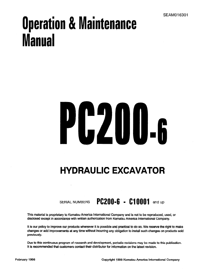 Komatsu PC200-6 Hydraulic Excavator Operation & Maintenance Manual SEAD016301 PDF