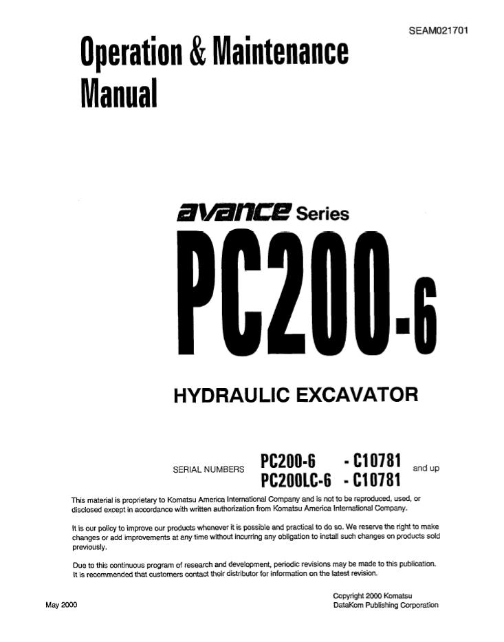 Komatsu PC200-6 Hydraulic Excavator Operation & Maintenance Manual (SEAD021701)