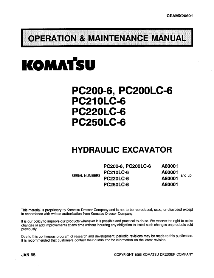 Komatsu PC200-6 PC200LC-6 Excavator Operation & Maintenance Manual CEADX20601