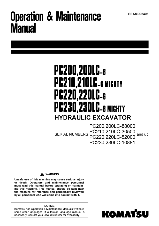 Komatsu PC200-6, PC210-6, PC220-6, PC230-6 Operation & Maintenance Manual | SEAM002405