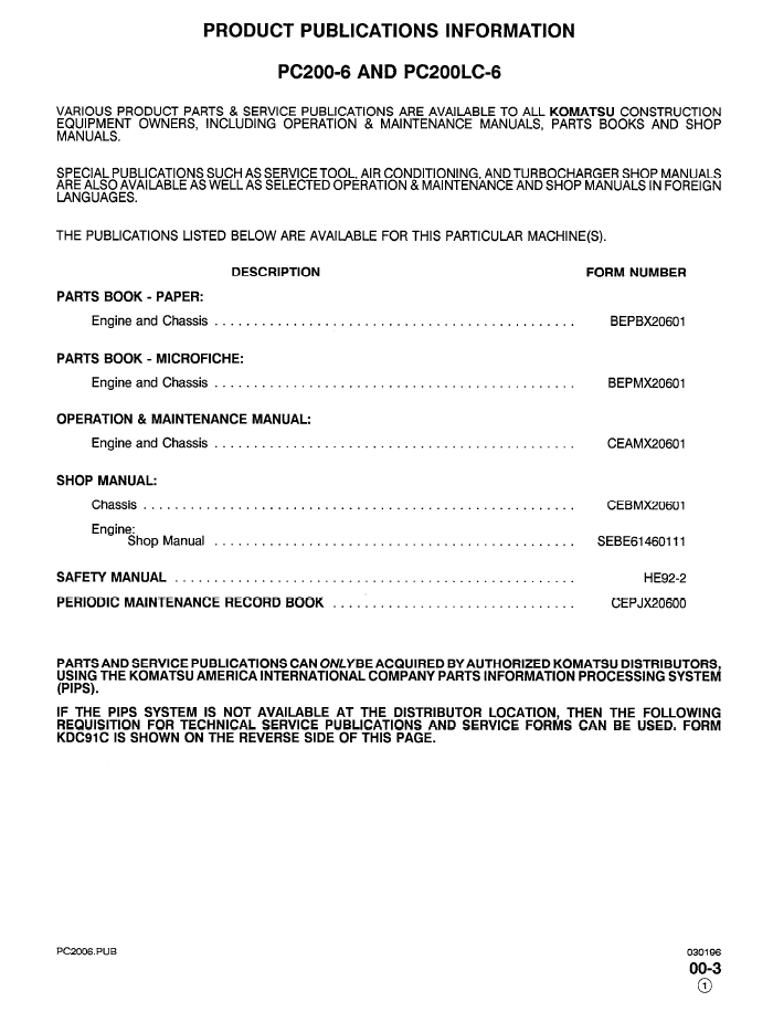 Komatsu PC200-6 Series Shop Manual CEBDX20601 PDF