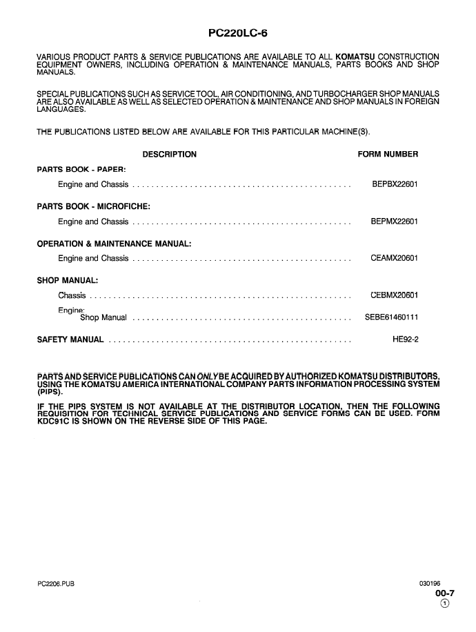Komatsu PC200-6 to PC250LC-6 Manual CEBDX20601 PDF